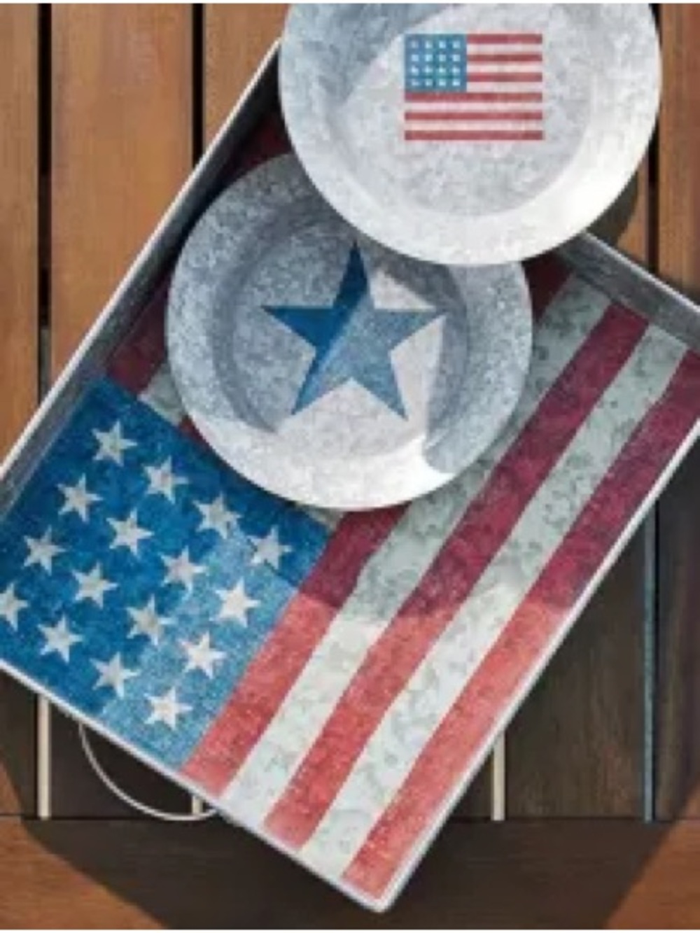 New Pottery Barn Galvanized Americana /Flag Metal DecorativeTray with Handles #1